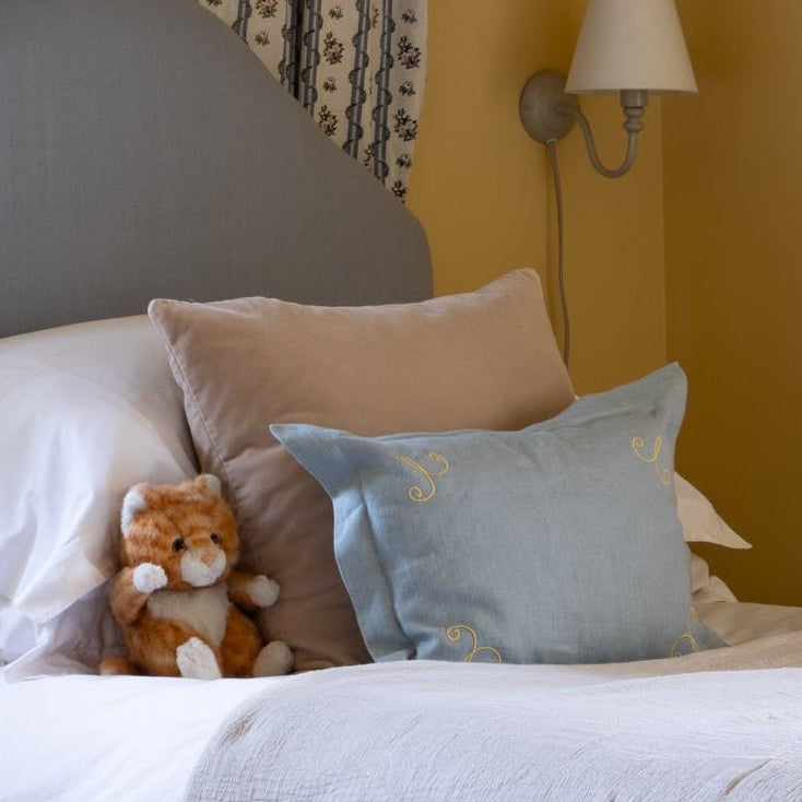 Bedroom with a bed valance, bed, linen cushion pillow, children's room, kid's room