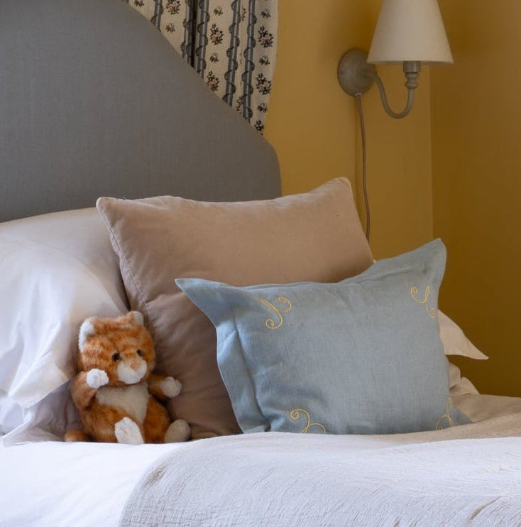 Bedroom with a bed valance, bed, linen cushion pillow, children's room, kid's room